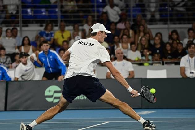 Davis Cup - Stefanos SAKELLARIDIS of Greece (white) in action against Joao FONSECA of Brasil (dark blue) during the Davis Cup World Group 1st Round tennis match between Greece and Brasil held in OAKA Stadium in Athens, Greece, 13 September 2025. IMAGO ONE INCH PRODUCTIONS ATHENS Greece Copyright: xONExINCHxPRODUCTIONSx 6654697