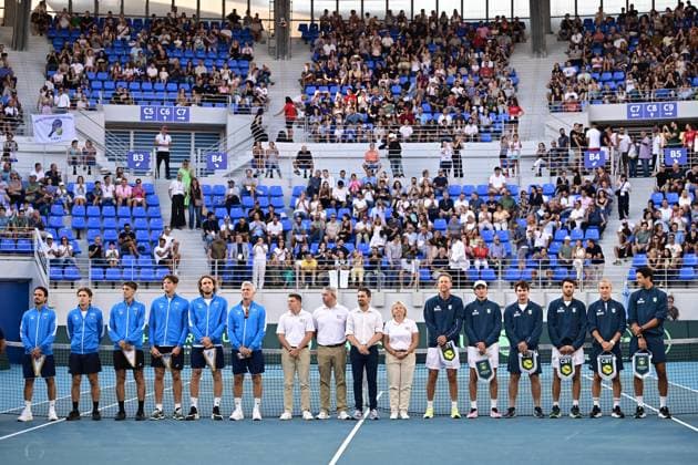 Davis Cup - Teams of Greece and Brasil line up during the Davis Cup World Group 1st Round tennis match between Greece and Brasil held in OAKA Stadium in Athens, Greece, 13 September 2025. IMAGO ONE INCH PRODUCTIONS ATHENS Greece Copyright: xONExINCHxPRODUCTIONSx 6654147