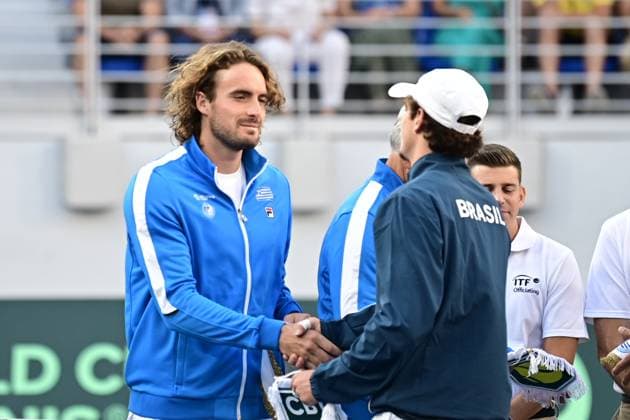 Davis Cup - Stefanos TSITSIPAS of Greece react during the Davis Cup World Group 1st Round tennis match between Greece and Brasil held in OAKA Stadium in Athens, Greece, 13 September 2025. IMAGO ONE INCH PRODUCTIONS ATHENS Greece Copyright: xONExINCHxPRODUCTIONSx 6654145