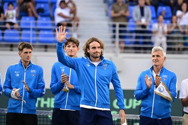 Davis Cup - Stefanos TSITSIPAS of Greece react during the Davis Cup World Group 1st Round tennis match between Greece and Brasil held in OAKA Stadium in Athens, Greece, 13 September 2025. IMAGO ONE INCH PRODUCTIONS ATHENS Greece Copyright: xONExINCHxPRODUCTIONSx 6654148