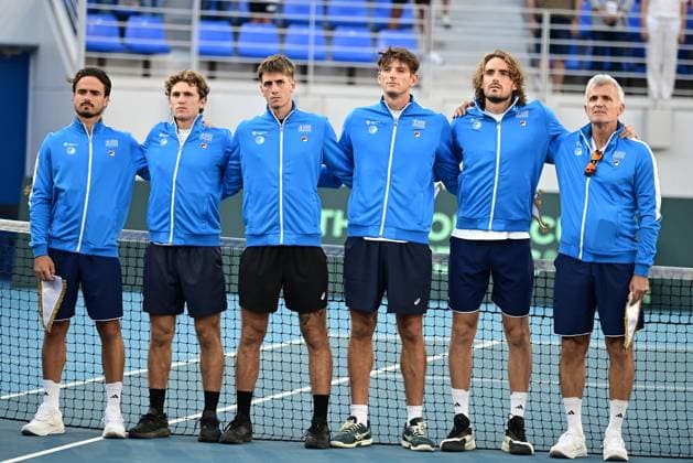 Davis Cup - Team of Greece react during the Davis Cup World Group 1st Round tennis match between Greece and Brasil held in OAKA Stadium in Athens, Greece, 13 September 2025. IMAGO ONE INCH PRODUCTIONS ATHENS Greece Copyright: xONExINCHxPRODUCTIONSx 6654150