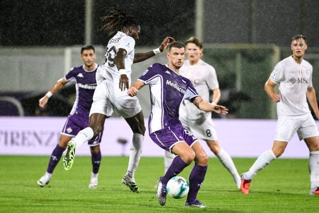 Frank Anguissa of SSC Napoli and Edin Dzeko of ACF Fiorentina compete for the ball during the Serie A football match between ACF Fiorentina and SSC Napoli at Artemio Franchi stadium in Florence (Italy), September 13, 2025. andreaxstaccioli