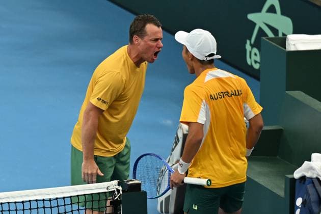 TENNIS DAVIS CUP AUSTRALIA BELGIUM, Team captain Lleyton Hewitt celebrates with Rinky Hijikata after winning the 2nd set in the doubles with Jordan Thompson against Sander Gille and Joran Vliegen of Belgium during the Davis Cup qualifying second round match at Ken Rosewall Arena in Sydney, Sunday, September 14, 2025. ( NO ARCHIVING, EDITORIAL USE ONLY SYDNEY NEW SOUTH WALES AUSTRALIA ALBION PARK  Copyright: xDEANxLEWINSx 20250914122481111112