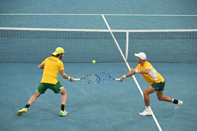TENNIS DAVIS CUP AUSTRALIA BELGIUM, Rinky Hijikata (right) and Jordan Thompson of Australia in action during their doubles match against Sander Gille and Joran Vliegen of Belgium during the Davis Cup qualifying second round match at Ken Rosewall Arena in Sydney, Sunday, September 14, 2025. ( NO ARCHIVING, EDITORIAL USE ONLY SYDNEY NEW SOUTH WALES AUSTRALIA ALBION PARK  Copyright: xDEANxLEWINSx 20250914195095530320