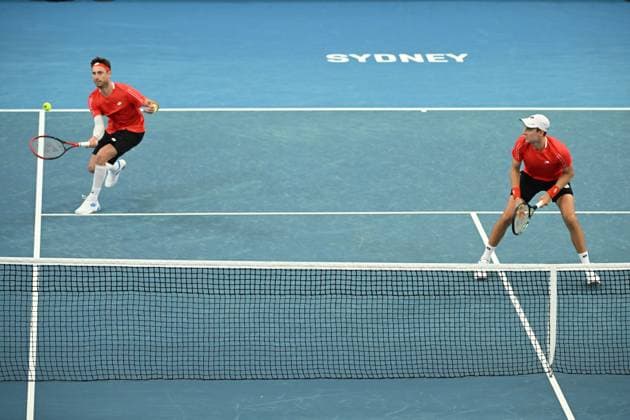 TENNIS DAVIS CUP AUSTRALIA BELGIUM, Sander Gille and Joran Vliegen of Belgium in action against Rinky Hijikata and Jordan Thompson of Australia during the Davis Cup qualifying second round match at Ken Rosewall Arena in Sydney, Sunday, September 14, 2025. ( NO ARCHIVING, EDITORIAL USE ONLY SYDNEY NEW SOUTH WALES AUSTRALIA ALBION PARK  Copyright: xDEANxLEWINSx 20250914146607349889