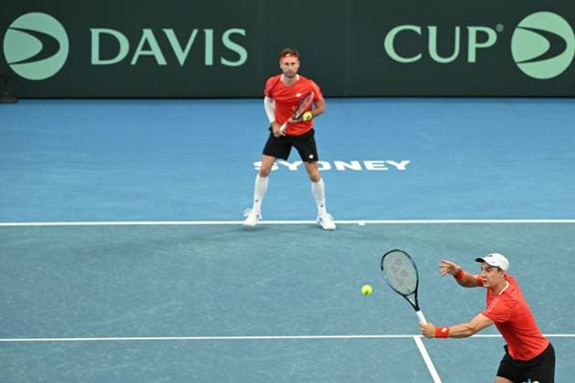 TENNIS DAVIS CUP AUSTRALIA BELGIUM, Sander Gille and Joran Vliegen of Belgium in action against Rinky Hijikata and Jordan Thompson of Australia during the Davis Cup qualifying second round match at Ken Rosewall Arena in Sydney, Sunday, September 14, 2025. ( NO ARCHIVING, EDITORIAL USE ONLY SYDNEY NEW SOUTH WALES AUSTRALIA ALBION PARK  Copyright: xDEANxLEWINSx 20250914149160686563