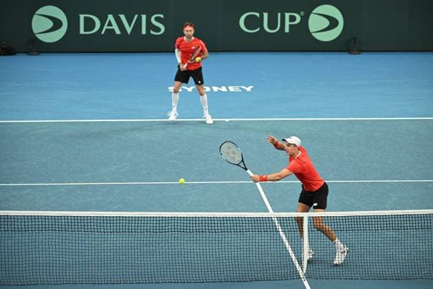TENNIS DAVIS CUP AUSTRALIA BELGIUM, Sander Gille and Joran Vliegen of Belgium in action against Rinky Hijikata and Jordan Thompson of Australia during the Davis Cup qualifying second round match at Ken Rosewall Arena in Sydney, Sunday, September 14, 2025. ( NO ARCHIVING, EDITORIAL USE ONLY SYDNEY NEW SOUTH WALES AUSTRALIA ALBION PARK  Copyright: xDEANxLEWINSx 20250914165068596496