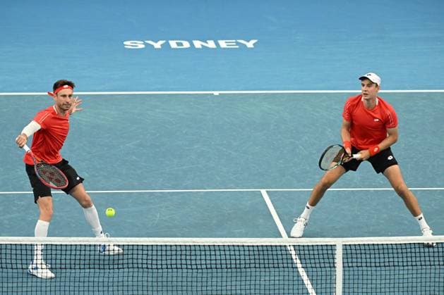 TENNIS DAVIS CUP AUSTRALIA BELGIUM, Sander Gille and Joran Vliegen of Belgium in action against Rinky Hijikata and Jordan Thompson of Australia during the Davis Cup qualifying second round match at Ken Rosewall Arena in Sydney, Sunday, September 14, 2025. ( NO ARCHIVING, EDITORIAL USE ONLY SYDNEY NEW SOUTH WALES AUSTRALIA ALBION PARK  Copyright: xDEANxLEWINSx 20250914180620202850