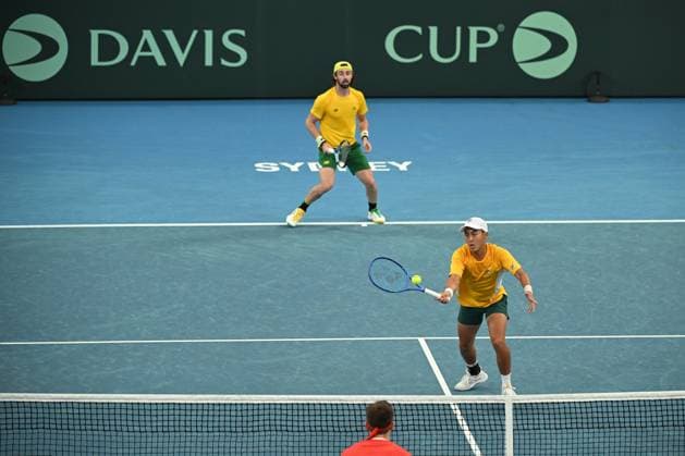 TENNIS DAVIS CUP AUSTRALIA BELGIUM, Rinky Hijikata and Jordan Thompson of Australia in action during their doubles match against Sander Gille and Joran Vliegen of Belgium during the Davis Cup qualifying second round match at Ken Rosewall Arena in Sydney, Sunday, September 14, 2025. ( NO ARCHIVING, EDITORIAL USE ONLY SYDNEY NEW SOUTH WALES AUSTRALIA ALBION PARK  Copyright: xDEANxLEWINSx 20250914142001033270