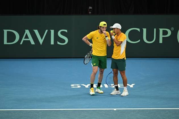 TENNIS DAVIS CUP AUSTRALIA BELGIUM, Rinky Hijikata and Jordan Thompson of Australia reacts during their doubles match against Sander Gille and Joran Vliegen of Belgium during the Davis Cup qualifying second round match at Ken Rosewall Arena in Sydney, Sunday, September 14, 2025. ( NO ARCHIVING, EDITORIAL USE ONLY SYDNEY NEW SOUTH WALES AUSTRALIA ALBION PARK  Copyright: xDEANxLEWINSx 20250914156949503085