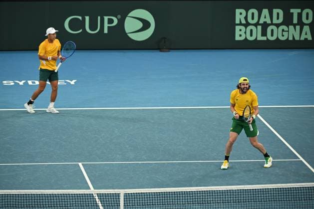 TENNIS DAVIS CUP AUSTRALIA BELGIUM, Rinky Hijikata and Jordan Thompson of Australia reacts during their doubles match against Sander Gille and Joran Vliegen of Belgium during the Davis Cup qualifying second round match at Ken Rosewall Arena in Sydney, Sunday, September 14, 2025. ( NO ARCHIVING, EDITORIAL USE ONLY SYDNEY NEW SOUTH WALES AUSTRALIA ALBION PARK  Copyright: xDEANxLEWINSx 20250914189171338410