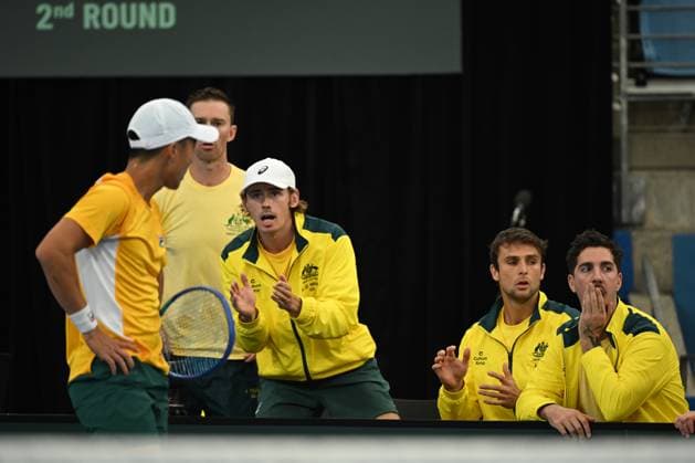TENNIS DAVIS CUP AUSTRALIA BELGIUM, Alex de Minaur reacts as Rinky Hijikata and Jordan Thompson of Australia itake on Sander Gille and Joran Vliegen of Belgium during the Davis Cup qualifying second round match at Ken Rosewall Arena in Sydney, Sunday, September 14, 2025. ( NO ARCHIVING, EDITORIAL USE ONLY SYDNEY NEW SOUTH WALES AUSTRALIA ALBION PARK  Copyright: xDEANxLEWINSx 20250914182439745694