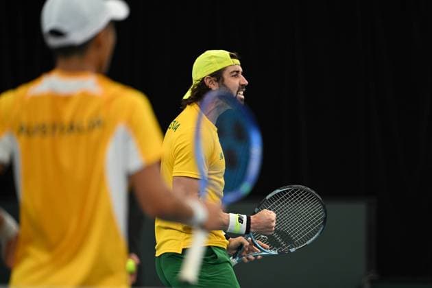 TENNIS DAVIS CUP AUSTRALIA BELGIUM, Rinky Hijikata and Jordan Thompson of Australia reacts during their doubles match against Sander Gille and Joran Vliegen of Belgium during the Davis Cup qualifying second round match at Ken Rosewall Arena in Sydney, Sunday, September 14, 2025. ( NO ARCHIVING, EDITORIAL USE ONLY SYDNEY NEW SOUTH WALES AUSTRALIA ALBION PARK  Copyright: xDEANxLEWINSx 20250914134581347088