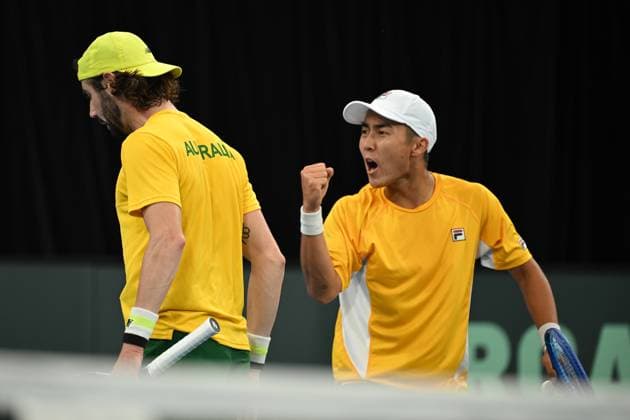 TENNIS DAVIS CUP AUSTRALIA BELGIUM, Rinky Hijikata and Jordan Thompson of Australia react during their doubles match against Sander Gille and Joran Vliegen of Belgium during the Davis Cup qualifying second round match at Ken Rosewall Arena in Sydney, Sunday, September 14, 2025. ( NO ARCHIVING, EDITORIAL USE ONLY SYDNEY NEW SOUTH WALES AUSTRALIA ALBION PARK  Copyright: xDEANxLEWINSx 20250914164838899354