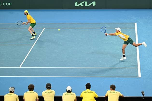 TENNIS DAVIS CUP AUSTRALIA BELGIUM, Rinky Hijikata and Jordan Thompson of Australia in action during their doubles match against Sander Gille and Joran Vliegen of Belgium during the Davis Cup qualifying second round match at Ken Rosewall Arena in Sydney, Sunday, September 14, 2025. ( NO ARCHIVING, EDITORIAL USE ONLY SYDNEY NEW SOUTH WALES AUSTRALIA ALBION PARK  Copyright: xDEANxLEWINSx 20250914164497237989