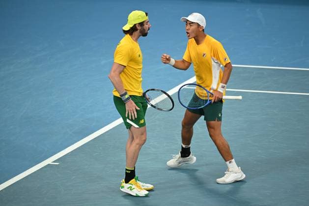 TENNIS DAVIS CUP AUSTRALIA BELGIUM, Rinky Hijikata and Jordan Thompson of Australia celebrate following their doubles win over Sander Gille and Joran Vliegen of Belgium during the Davis Cup qualifying second round match at Ken Rosewall Arena in Sydney, Sunday, September 14, 2025. ( NO ARCHIVING, EDITORIAL USE ONLY SYDNEY NEW SOUTH WALES AUSTRALIA ALBION PARK  Copyright: xDEANxLEWINSx 20250914166682781353