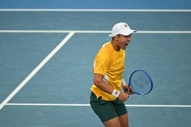 TENNIS DAVIS CUP AUSTRALIA BELGIUM, Rinky Hijikata of Australia celebrates following his doubles win with Jordan Thompson over Sander Gille and Joran Vliegen of Belgium during the Davis Cup qualifying second round match at Ken Rosewall Arena in Sydney, Sunday, September 14, 2025. ( NO ARCHIVING, EDITORIAL USE ONLY SYDNEY NEW SOUTH WALES AUSTRALIA ALBION PARK  Copyright: xDEANxLEWINSx 20250914167889987320