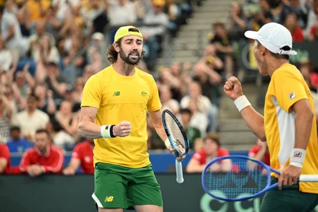 TENNIS DAVIS CUP AUSTRALIA BELGIUM, Rinky Hijikata and Jordan Thompson of Australia react during their doubles match against Sander Gille and Joran Vliegen of Belgium during the Davis Cup qualifying second round match at Ken Rosewall Arena in Sydney, Sunday, September 14, 2025. ( NO ARCHIVING, EDITORIAL USE ONLY SYDNEY NEW SOUTH WALES AUSTRALIA ALBION PARK  Copyright: xDEANxLEWINSx 20250914155564803245