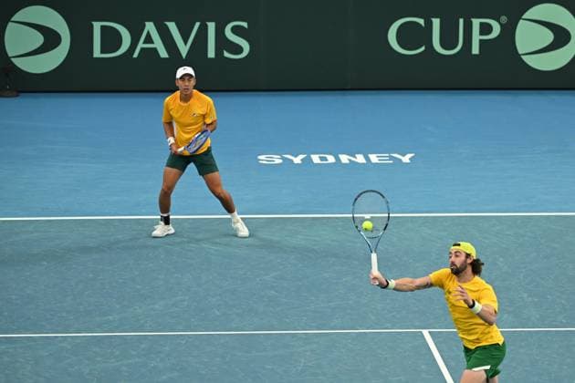 TENNIS DAVIS CUP AUSTRALIA BELGIUM, Rinky Hijikata and Jordan Thompson of Australia in action against Sander Gille and Joran Vliegen of Belgium during the Davis Cup qualifying second round match at Ken Rosewall Arena in Sydney, Sunday, September 14, 2025. ( NO ARCHIVING, EDITORIAL USE ONLY SYDNEY NEW SOUTH WALES AUSTRALIA ALBION PARK  Copyright: xDEANxLEWINSx 20250914141216975073