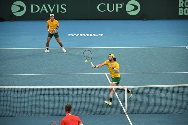 TENNIS DAVIS CUP AUSTRALIA BELGIUM, Rinky Hijikata and Jordan Thompson of Australia in action against Sander Gille and Joran Vliegen of Belgium during the Davis Cup qualifying second round match at Ken Rosewall Arena in Sydney, Sunday, September 14, 2025. ( NO ARCHIVING, EDITORIAL USE ONLY SYDNEY NEW SOUTH WALES AUSTRALIA ALBION PARK  Copyright: xDEANxLEWINSx 20250914165228535324