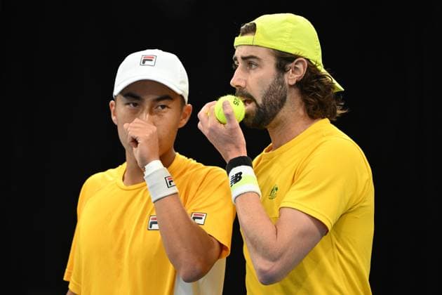 TENNIS DAVIS CUP AUSTRALIA BELGIUM, Rinky Hijikata and Jordan Thompson of Australia during thier doubles match against Sander Gille and Joran Vliegen of Belgium during the Davis Cup qualifying second round match at Ken Rosewall Arena in Sydney, Sunday, September 14, 2025. ( NO ARCHIVING, EDITORIAL USE ONLY SYDNEY NEW SOUTH WALES AUSTRALIA ALBION PARK  Copyright: xDEANxLEWINSx 20250914170166614600