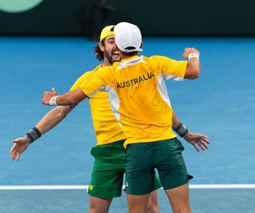 September 14, 2025, Sydney, Nsw, Australia: RINKY HIJIKATA and JORDAN THOMPSON of Australia celebrate victory in the doubles against Belgium in the Davis Cup tie between Australia and Belgium. Sydney Australia - ZUMAt173 20250914_zsp_t173_007 Copyright: xStephanexThomasx