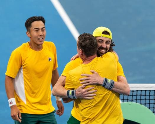 September 14, 2025, Sydney, Nsw, Australia: RINKY HIJIKATA, JORDAN THOMPSON and LLEYTON HEWITT of Australia celebrate after defeating SANDER GILLE and JORAN VLIEGEN of Belgium in the doubles of the Davis Cup tie between Australia and Belgium. Sydney Australia - ZUMAt173 20250914_zsp_t173_008 Copyright: xStephanexThomasx