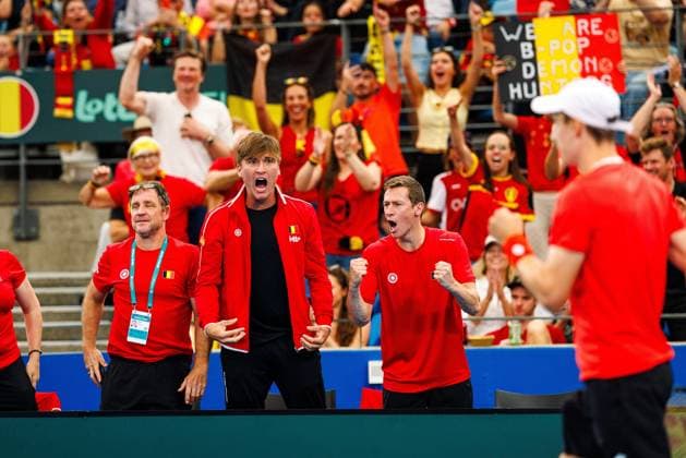 RaphaÃ«l Collignon and Kimmer Coppejans are pictured duringa a tennis match between Belgian and Australian , during the qualifier of the Davis Cup, Sunday 14 September 2025, in Sydney, Australia. Belgium and Australia will compete this weekend in the second round of the Davis Cup qualifiers. PATRICKxHAMILTON  x134193978x