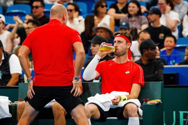 Belgian captain Steve Darcis and Belgian Sander Gille pictured duringa a tennis match between Belgian Vliegen Gille and Australian Hijikata Thompson, during the qualifier of the Davis Cup, Sunday 14 September 2025, in Sydney, Australia. Belgium and Australia will compete this weekend in the second round of the Davis Cup qualifiers. PATRICKxHAMILTON  x134193996x