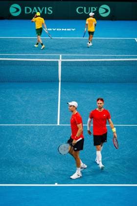 Belgian Joran Vliegen and Belgian Sander Gille pictured in action duringa a tennis match between Belgian Vliegen Gille and Australian Hijikata Thompson, during the qualifier of the Davis Cup, Sunday 14 September 2025, in Sydney, Australia. Belgium and Australia will compete this weekend in the second round of the Davis Cup qualifiers. PATRICKxHAMILTON  x134194001x