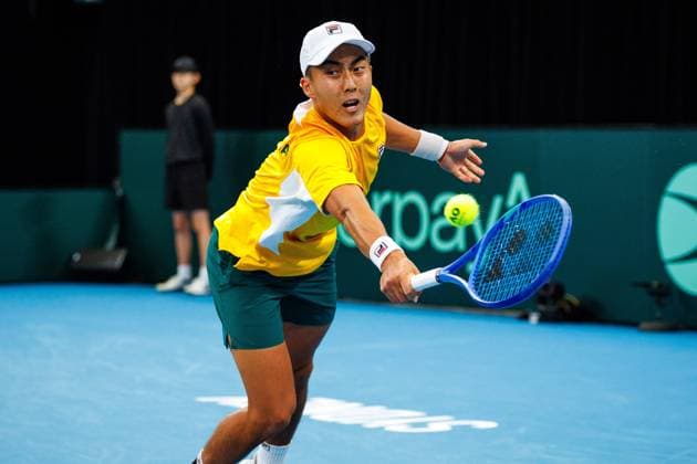 Australian Rinky Hijikata pictured in action duringa a tennis match between Belgian Vliegen Gille and Australian Hijikata Thompson, during the qualifier of the Davis Cup, Sunday 14 September 2025, in Sydney, Australia. Belgium and Australia will compete this weekend in the second round of the Davis Cup qualifiers. PATRICKxHAMILTON  x134194007x