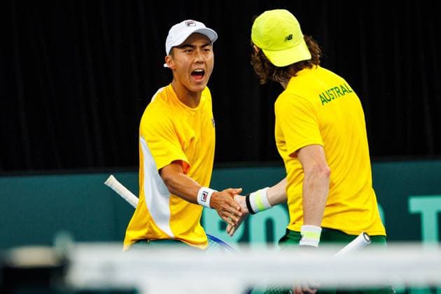 Australian Jordan Thompson and Australian Rinky Hijikata reacts duringa a tennis match between Belgian Vliegen Gille and Australian Hijikata Thompson, during the qualifier of the Davis Cup, Sunday 14 September 2025, in Sydney, Australia. Belgium and Australia will compete this weekend in the second round of the Davis Cup qualifiers. PATRICKxHAMILTON  x134194045x