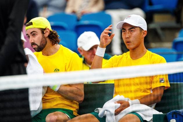 Australian Jordan Thompson and Australian Rinky Hijikata reacts duringa a tennis match between Belgian Vliegen Gille and Australian Hijikata Thompson, during the qualifier of the Davis Cup, Sunday 14 September 2025, in Sydney, Australia. Belgium and Australia will compete this weekend in the second round of the Davis Cup qualifiers. PATRICKxHAMILTON  x134194051x