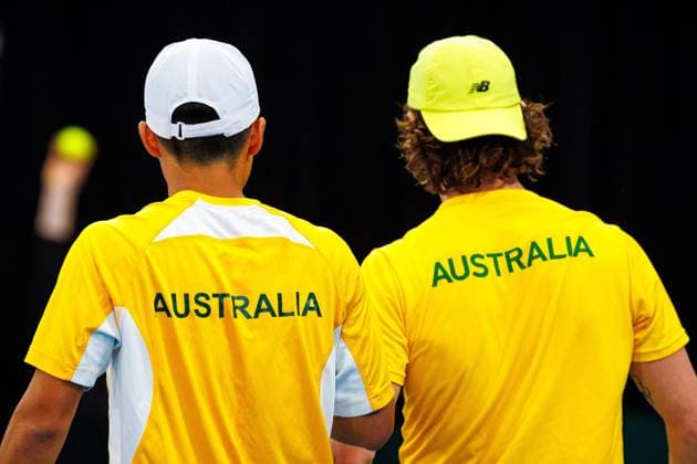 Australian Jordan Thompson and Australian Rinky Hijikata pictured duringa a tennis match between Belgian Vliegen Gille and Australian Hijikata Thompson, during the qualifier of the Davis Cup, Sunday 14 September 2025, in Sydney, Australia. Belgium and Australia will compete this weekend in the second round of the Davis Cup qualifiers. PATRICKxHAMILTON  x134194061x