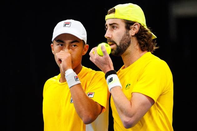 Australian Rinky Hijikata Australian Jordan Thompson and pictured duringa a tennis match between Belgian Vliegen Gille and Australian Hijikata Thompson, during the qualifier of the Davis Cup, Sunday 14 September 2025, in Sydney, Australia. Belgium and Australia will compete this weekend in the second round of the Davis Cup qualifiers. PATRICKxHAMILTON  x134194101x