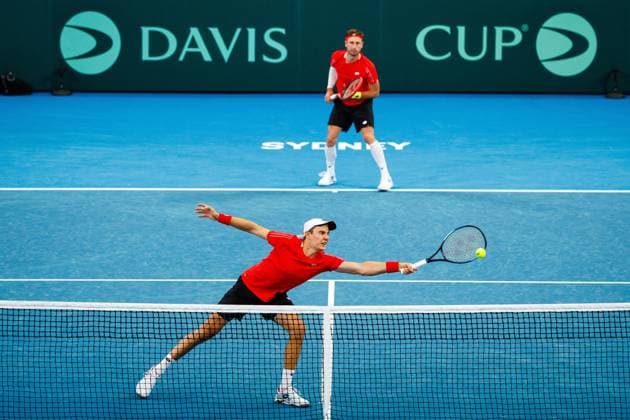 Belgian Sander Gille and Belgian Joran Vliegen pictured in action duringa a tennis match between Belgian Vliegen Gille and Australian Hijikata Thompson, during the qualifier of the Davis Cup, Sunday 14 September 2025, in Sydney, Australia. Belgium and Australia will compete this weekend in the second round of the Davis Cup qualifiers. PATRICKxHAMILTON  x134194538x