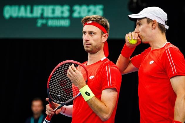Belgian Sander Gille and Belgian Joran Vliegen pictured duringa a tennis match between Belgian Vliegen Gille and Australian Hijikata Thompson, during the qualifier of the Davis Cup, Sunday 14 September 2025, in Sydney, Australia. Belgium and Australia will compete this weekend in the second round of the Davis Cup qualifiers. PATRICKxHAMILTON  x134194543x