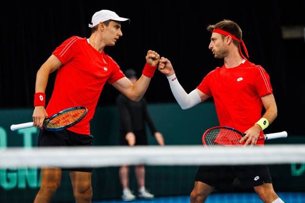 Belgian Joran Vliegen and Belgian Sander Gille pictured in action duringa a tennis match between Belgian Vliegen Gille and Australian Hijikata Thompson, during the qualifier of the Davis Cup, Sunday 14 September 2025, in Sydney, Australia. Belgium and Australia will compete this weekend in the second round of the Davis Cup qualifiers. PATRICKxHAMILTON  x134194557x