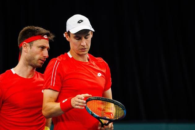 Belgian Sander Gille and Belgian Joran Vliegen pictured duringa a tennis match between Belgian Vliegen Gille and Australian Hijikata Thompson, during the qualifier of the Davis Cup, Sunday 14 September 2025, in Sydney, Australia. Belgium and Australia will compete this weekend in the second round of the Davis Cup qualifiers. PATRICKxHAMILTON  x134194564x