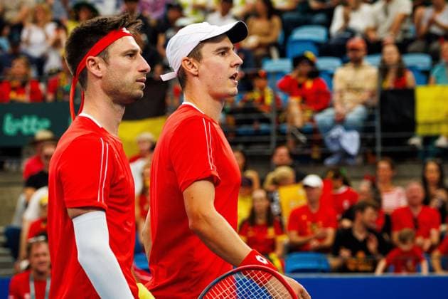 Belgian Sander Gille and Belgian Joran Vliegen pictured duringa a tennis match between Belgian Vliegen Gille and Australian Hijikata Thompson, during the qualifier of the Davis Cup, Sunday 14 September 2025, in Sydney, Australia. Belgium and Australia will compete this weekend in the second round of the Davis Cup qualifiers. PATRICKxHAMILTON  x134194565x