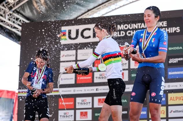 2025 UCI Mountain Bike World Championships Picture by Alex Whitehead SWpix.com - 14 09 2025 - Cycling - 2025 UCI Mountain Bike World Championships - Cross-country Olympic - Crans-Montana, Valais, Switzerland - Women U23 - Isabella Holmgren (Canada) receiving the Gold Medal to become World Champion, Vida Lopez de San Roman (USA) receiving the Silver Medal and Valentina Corvi (Italy) receiving the Bronze Medal Copyright: x xSWpix.comx(t axPhotographyxHubxLtd)xAlexxWhitehead SWpix.comx SWP-3030-4440