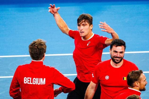 Belgian Raphael Collignon and celebrates with his team after winninga a tennis match between Belgian Collignon and Australian Thompson, during the qualifier of the Davis Cup, Sunday 14 September 2025, in Sydney, Australia. Belgium and Australia will compete this weekend in the second round of the Davis Cup qualifiers. PATRICKxHAMILTON  x134207855x