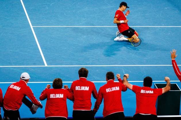 Belgian Raphael Collignon and celebrates with his team after winninga a tennis match between Belgian Collignon and Australian Thompson, during the qualifier of the Davis Cup, Sunday 14 September 2025, in Sydney, Australia. Belgium and Australia will compete this weekend in the second round of the Davis Cup qualifiers. PATRICKxHAMILTON  x134207878x