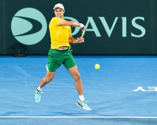 September 14, 2025, Sydney, Nsw, Australia: ALEKSANDAR VUKIC of Australia plays a forehand against RAPHAEL COLLIGNON of Belgium in the deciding fifth match of the Davis Cup tie between Australia and Belgium. Sydney Australia - ZUMAt173 20250914_zsp_t173_013 Copyright: xStephanexThomasx