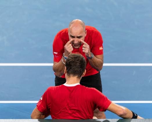 September 14, 2025, Sydney, Nsw, Australia: STEVE DARCIS, BelgiumÃ¢â‚¬â ¢s captain, talks to RAPHAEL COLLIGNON during a changeover in the deciding fifth match of the Davis Cup tie between Australia and Belgium. Sydney Australia - ZUMAt173 20250914_zsp_t173_014 Copyright: xStephanexThomasx