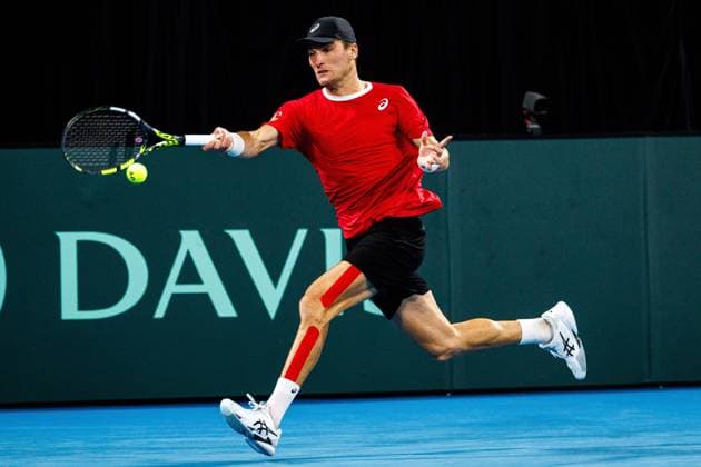 Belgian Raphael Collignon pictured in action duringa a tennis match between Belgian Collignon and Australian Thompson, during the qualifier of the Davis Cup, Sunday 14 September 2025, in Sydney, Australia. Belgium and Australia will compete this weekend in the second round of the Davis Cup qualifiers. PATRICKxHAMILTON  x134210412x