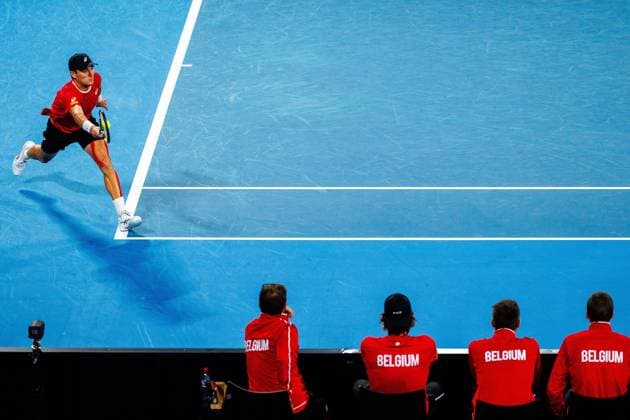 Belgian Raphael Collignon pictured in action duringa a tennis match between Belgian Collignon and Australian Thompson, during the qualifier of the Davis Cup, Sunday 14 September 2025, in Sydney, Australia. Belgium and Australia will compete this weekend in the second round of the Davis Cup qualifiers. PATRICKxHAMILTON  x134210422x