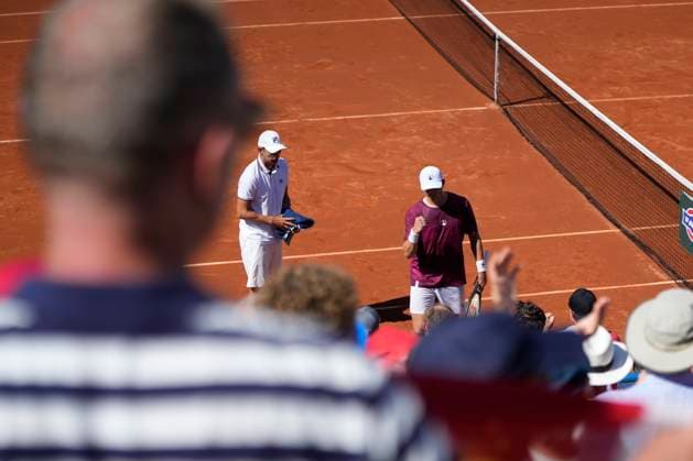 September 14, 2025, Malaga, Malaga, SPAIN: Johannes Ingildsen of Denmark gestures against Jaume Munar and Pedro Martinez of Spain during their menÃ¢â‚¬â ¢s doubles tennis match to 2025 Davis Cup Qualifiers Second Round between Spain and Denmark at Club Tennis Puente Romano on September 14, 2025, in Malaga, Spain. Malaga SPAIN - ZUMAa181 20250914_zaa_a181_005 Copyright: xJoaquinxCorcherox