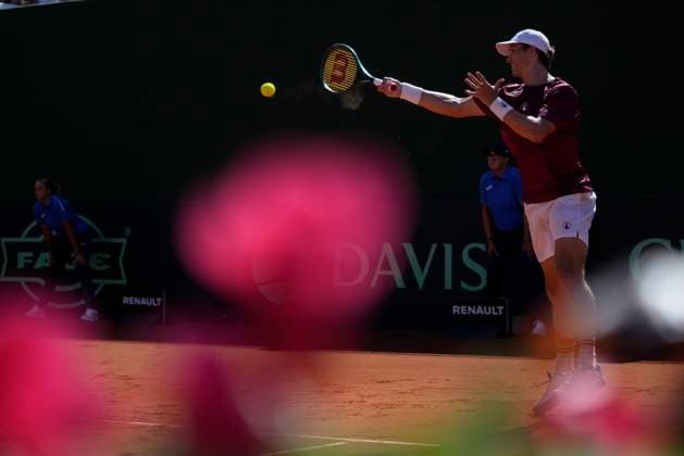 September 14, 2025, Malaga, Malaga, SPAIN: Johannes Ingildsen of Denmark in action against Jaume Munar and Pedro Martinez of Spain during their menÃ¢â‚¬â ¢s doubles tennis match to 2025 Davis Cup Qualifiers Second Round between Spain and Denmark at Club Tennis Puente Romano on September 14, 2025, in Malaga, Spain. Malaga SPAIN - ZUMAa181 20250914_zaa_a181_009 Copyright: xJoaquinxCorcherox