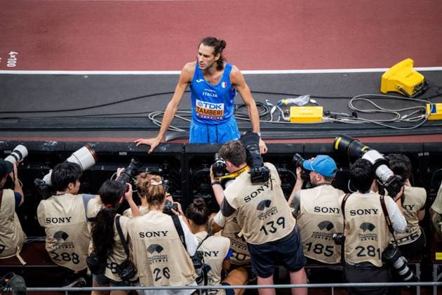 Italian Gianmarco Tamberi pictured in action during the High Jump men, qualifications, in the World Athletics Championships in Tokyo, Japan, on Sunday 14 September 2025. The outdoor Worlds are taking place from 13 to 21 September. JASPERxJACOBS  x134213293x